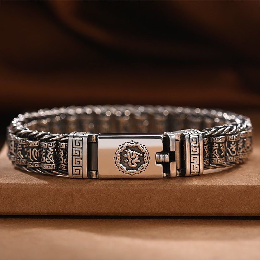 Retro Style Men's Silver Bracelet Woven Six-Character Mantra Bracelet 925Silver Chain