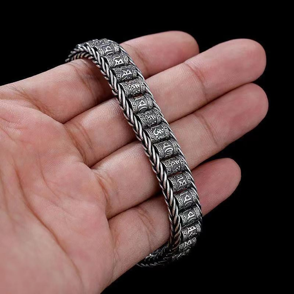 Retro Style Men's Silver Bracelet Woven Six-Character Mantra Bracelet 925Silver Chain