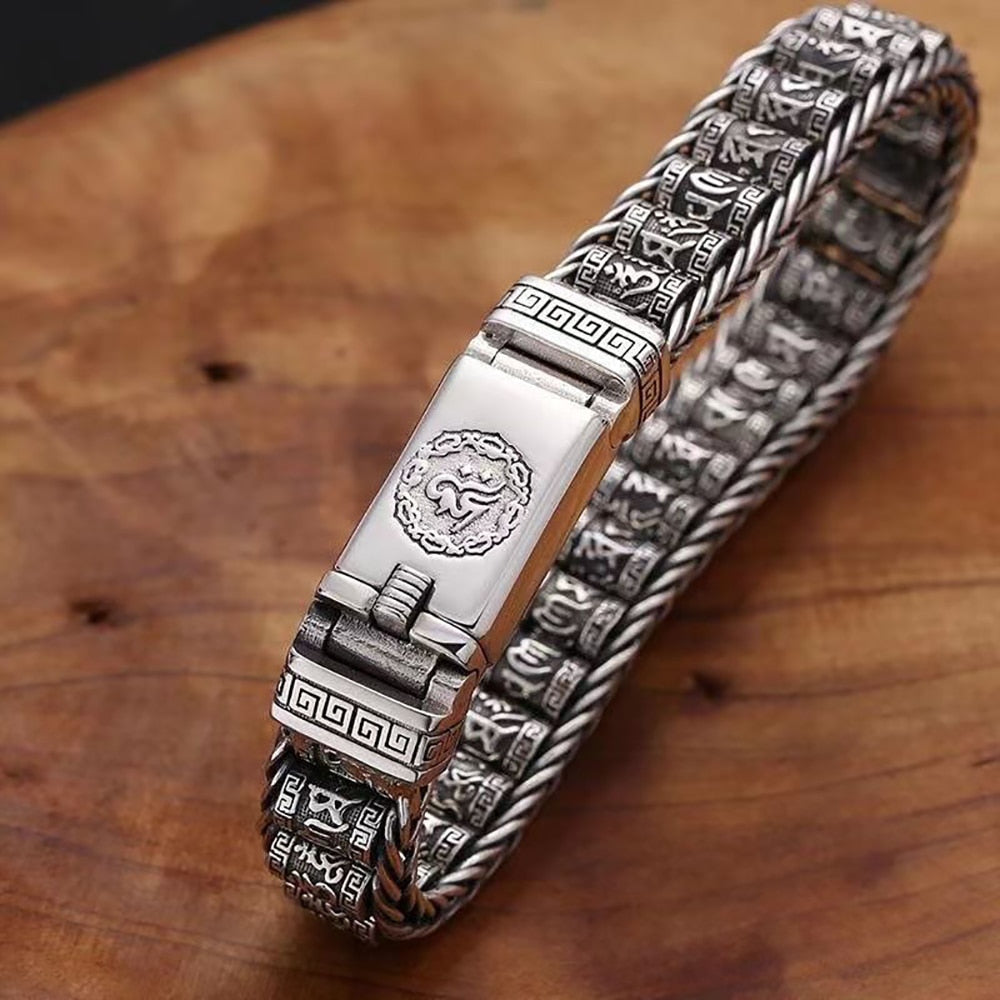 Retro Style Men's Silver Bracelet Woven Six-Character Mantra Bracelet 925Silver Chain