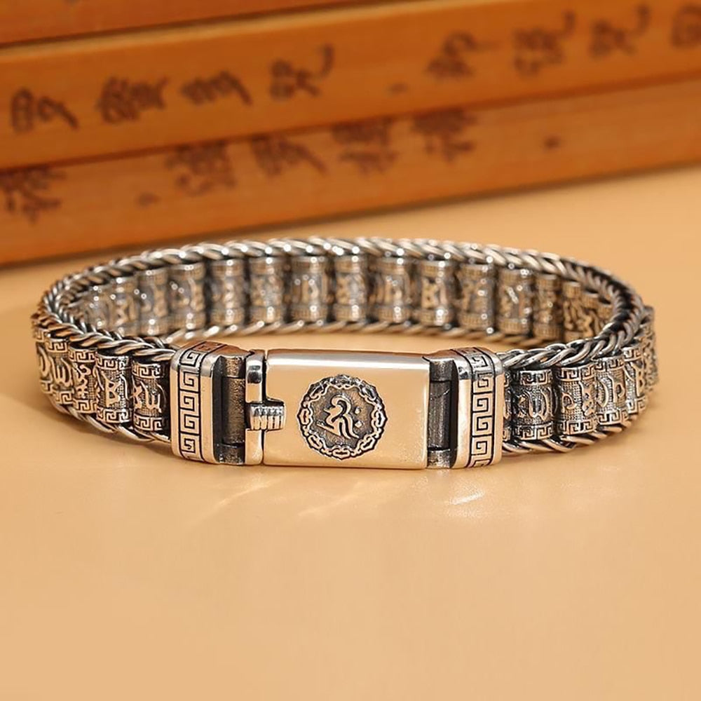 Retro Style Men's Silver Bracelet Woven Six-Character Mantra Bracelet 925Silver Chain