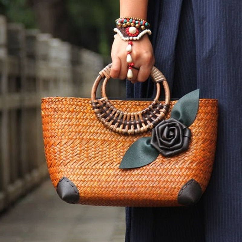 Woman woven bags Vintage Rose Decoration Rattan Straw